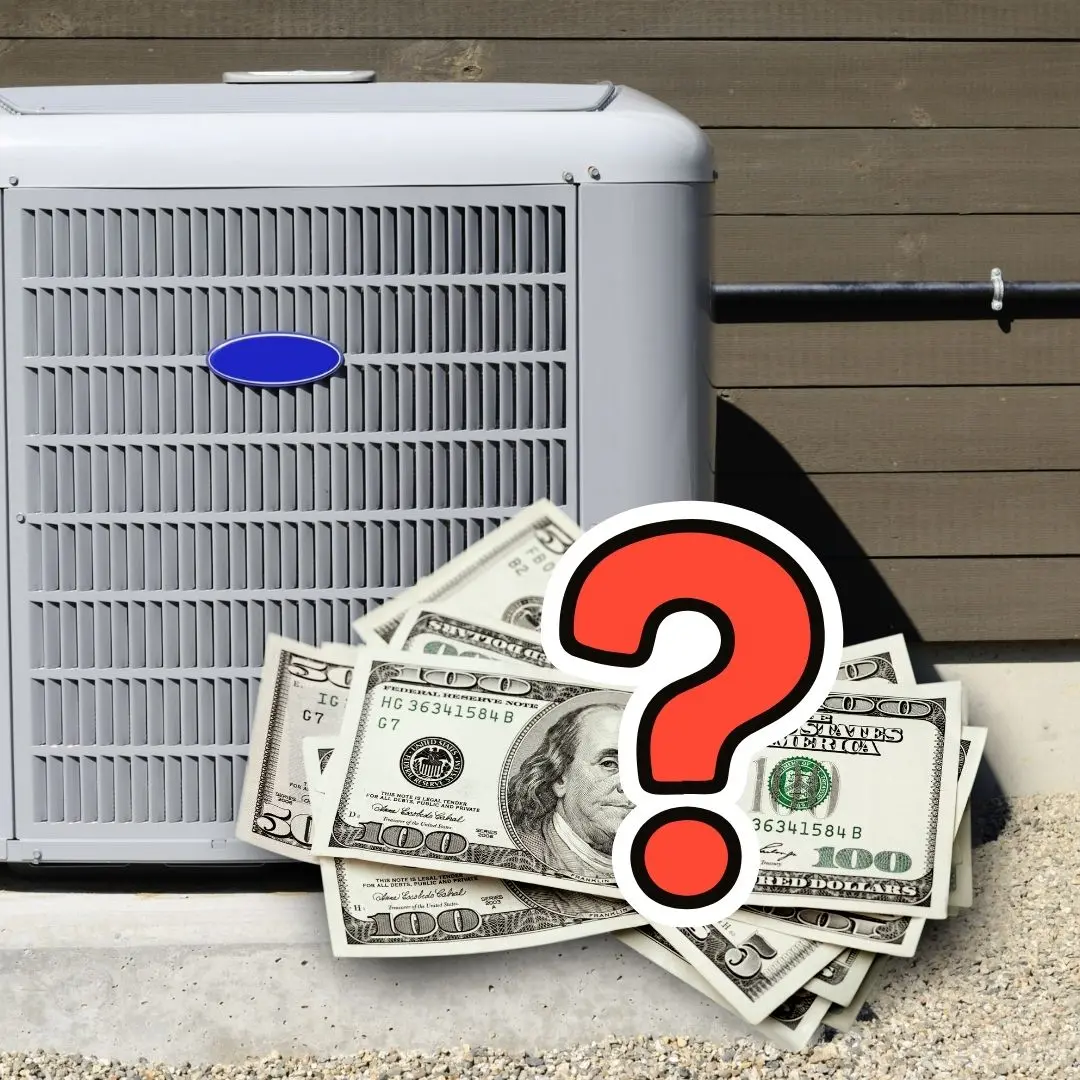 HVAC unit with money in front and a red question mark over it